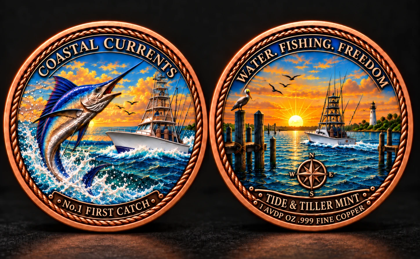 Tide & Tiller Mint colorized First Catch marlin copper round, obverse and reverse