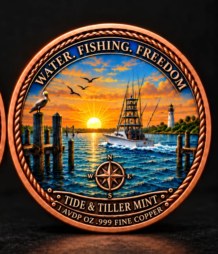 First Catch reverse with sunset harbor, boat, compass and lighthouse